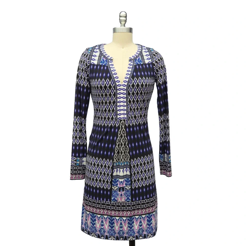 Hale Bob Boho Mini Dress Size XS Blue Mixed Print Tunic Long Sleeve V Neck